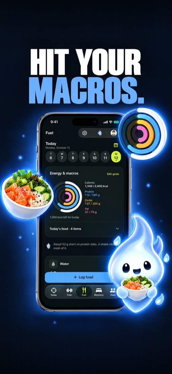 Fuel tab with calories, macros and AI food estimates